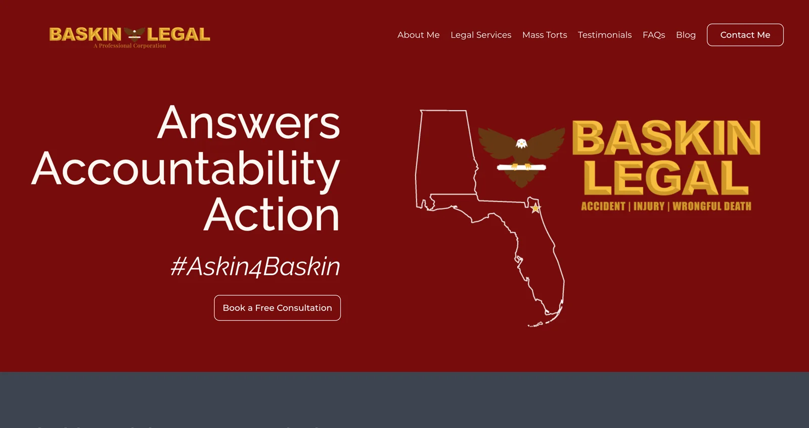 Baskin Legal's homepage hero: "Answers, Accountability, Action" beside the firm's logo over a map of Alabama and Florida