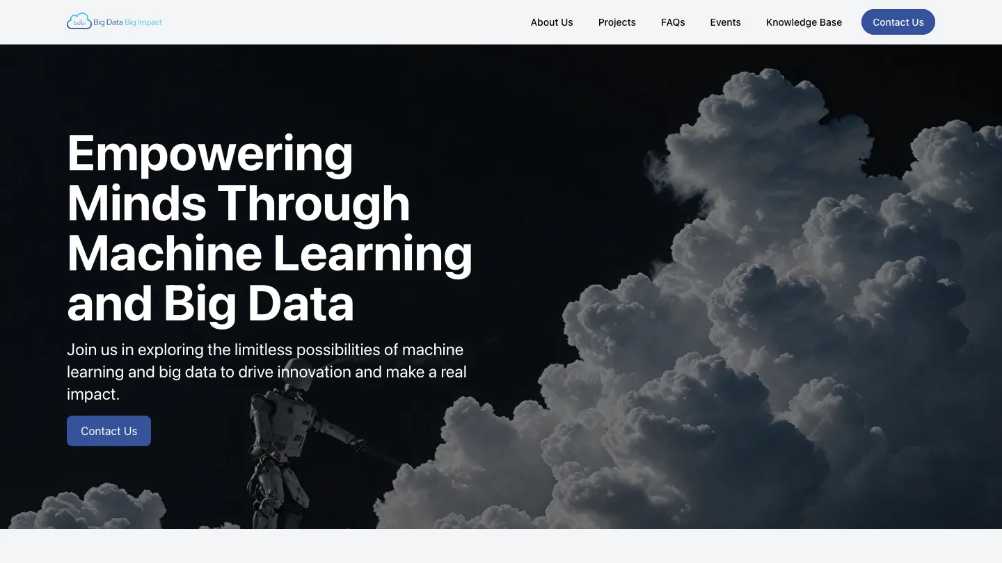 Big Data Big Impact homepage hero: "Empowering Minds Through Machine Learning and Big Data"