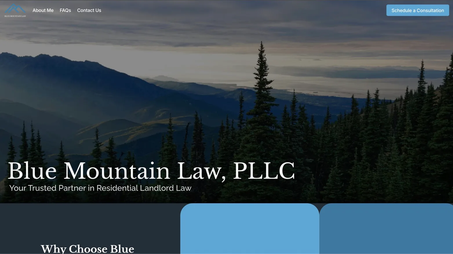 Blue Mountain Law, PLLC homepage hero over a forested mountain landscape