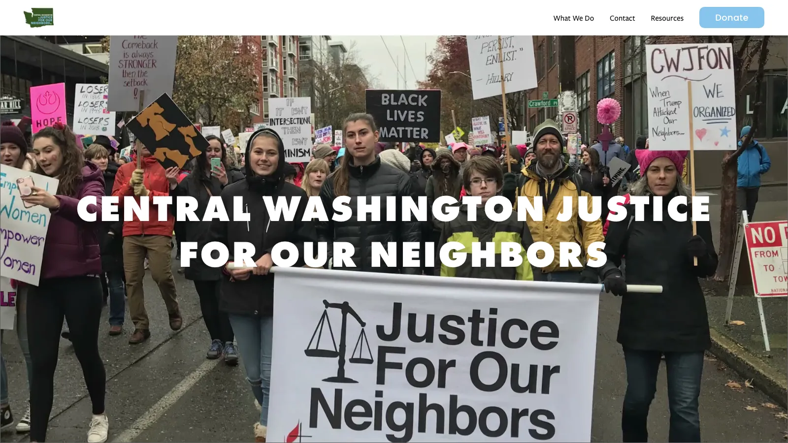 CWJFON homepage hero: the organisation's name over a frame from its background video of a Justice For Our Neighbors march
