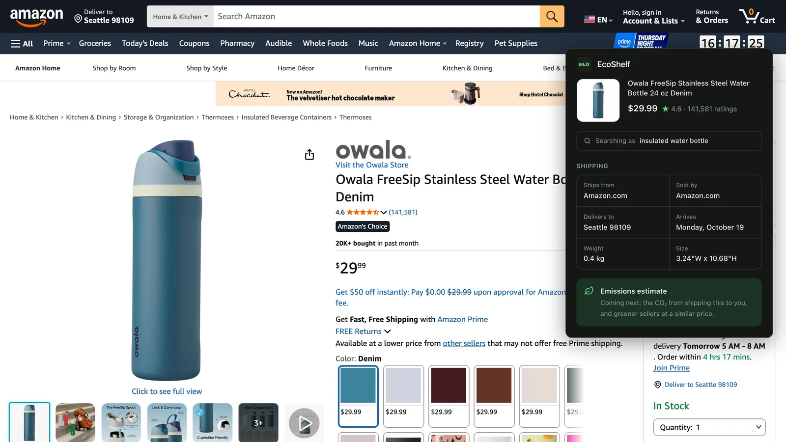 The EcoShelf popup over an Amazon listing for an Owala water bottle, showing its price, rating, search term, and shipping details