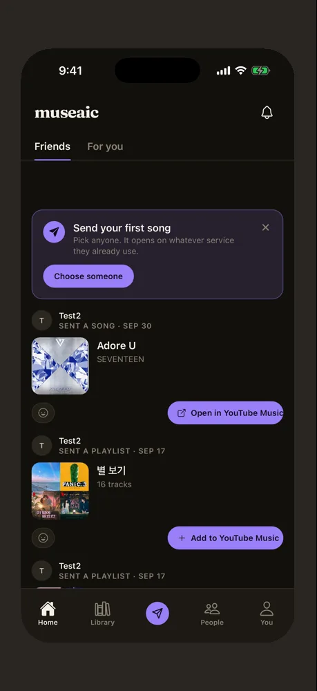 Museaic's friends feed in dark mode: songs and playlists friends have sent