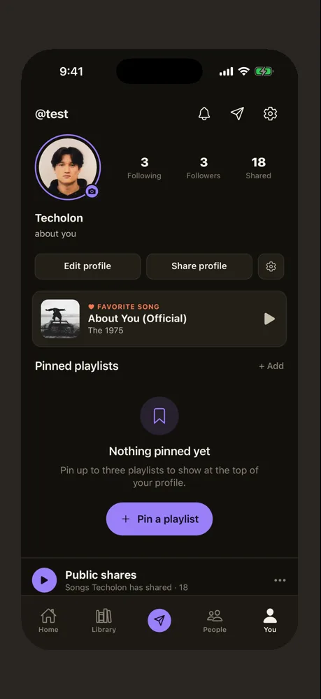 A Museaic profile in dark mode: followers, shared count, a favorite song, and pinned playlists