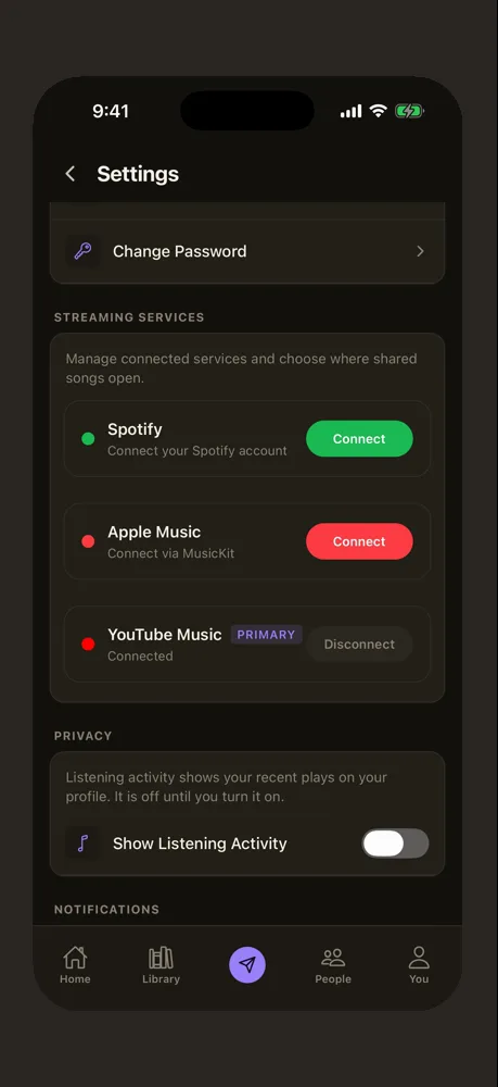 Connected streaming services in dark mode: Spotify, Apple Music, and YouTube Music as primary