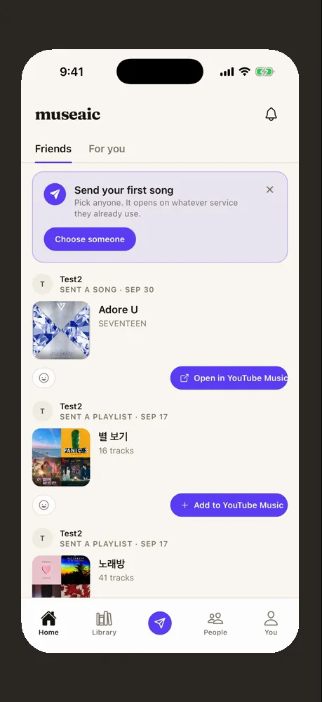 Museaic's friends feed in light mode