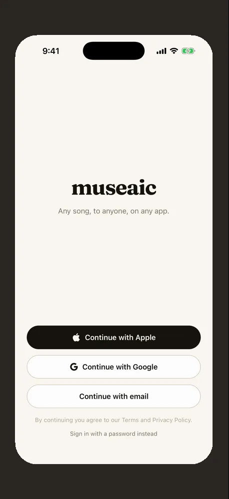 Museaic's welcome screen with Apple, Google, and email sign-in