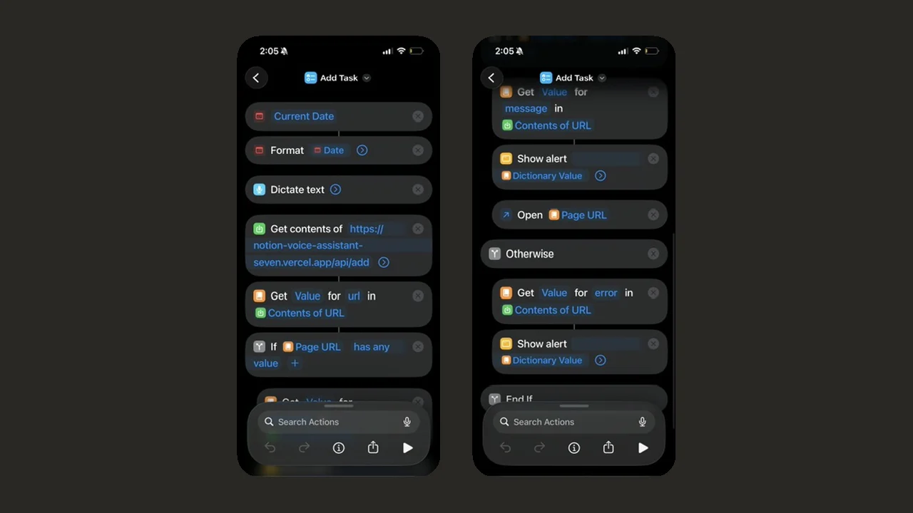 The Add Task iOS Shortcut: dictated text goes to the Vercel function, then an alert shows the result and the new Notion page opens