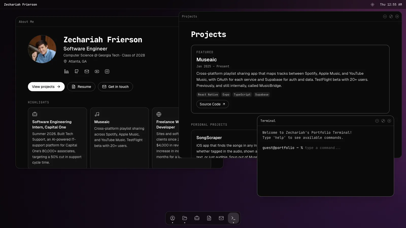 The portfolio's desktop: About Me, Projects, and Terminal windows open above the dock