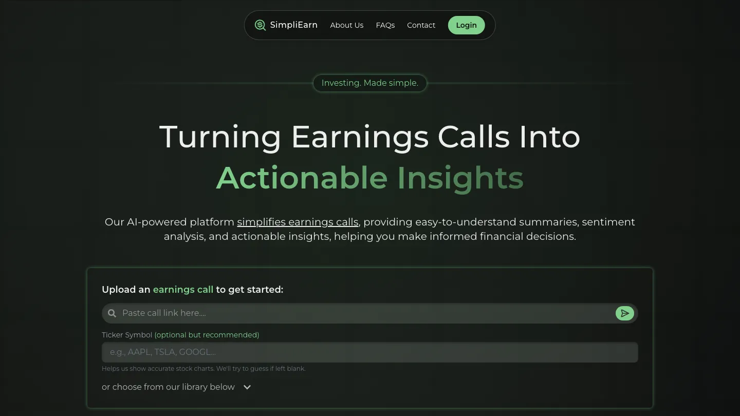 SimpliEarn landing page: "Turning Earnings Calls Into Actionable Insights" with a field for pasting an earnings call link