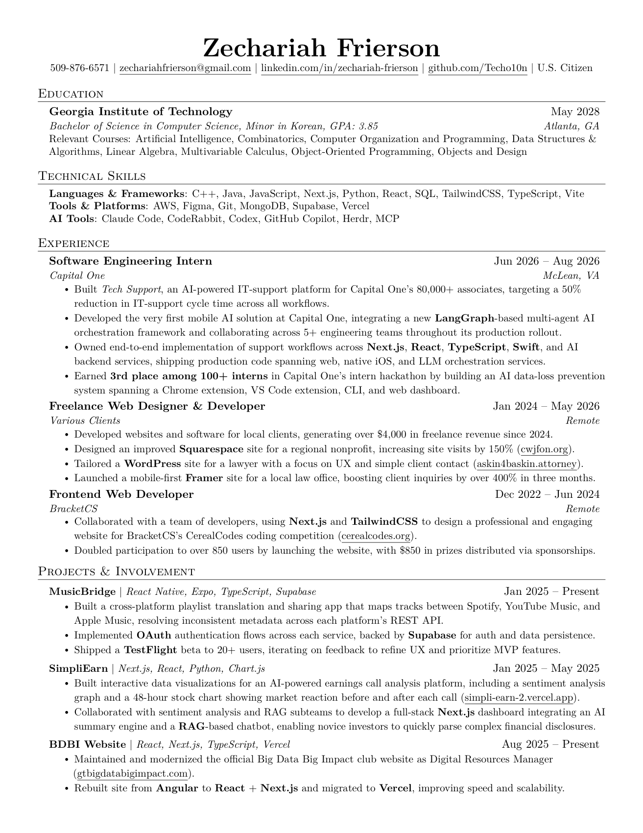 Page 1 of Zechariah Frierson's resume